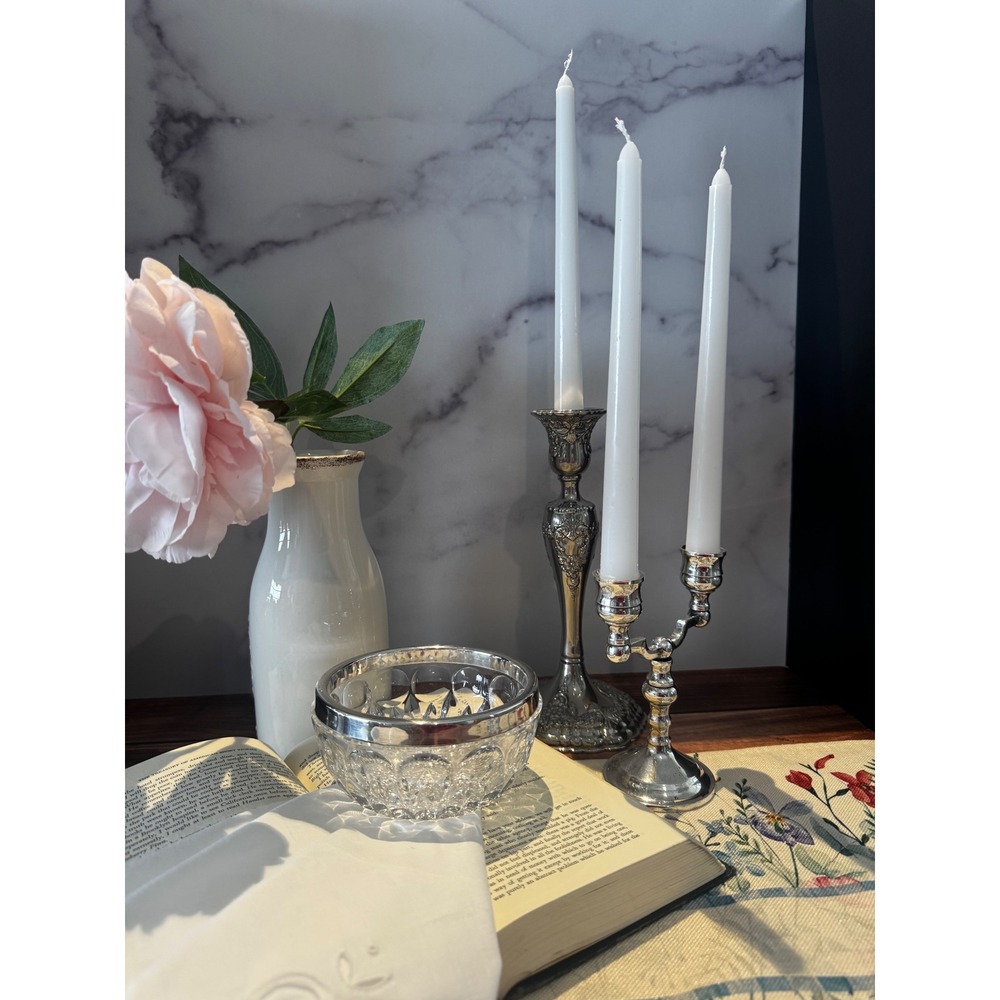 Vintage Cut Glass Bowl Silverplated Rim,  candlestick‎ curated grouping
